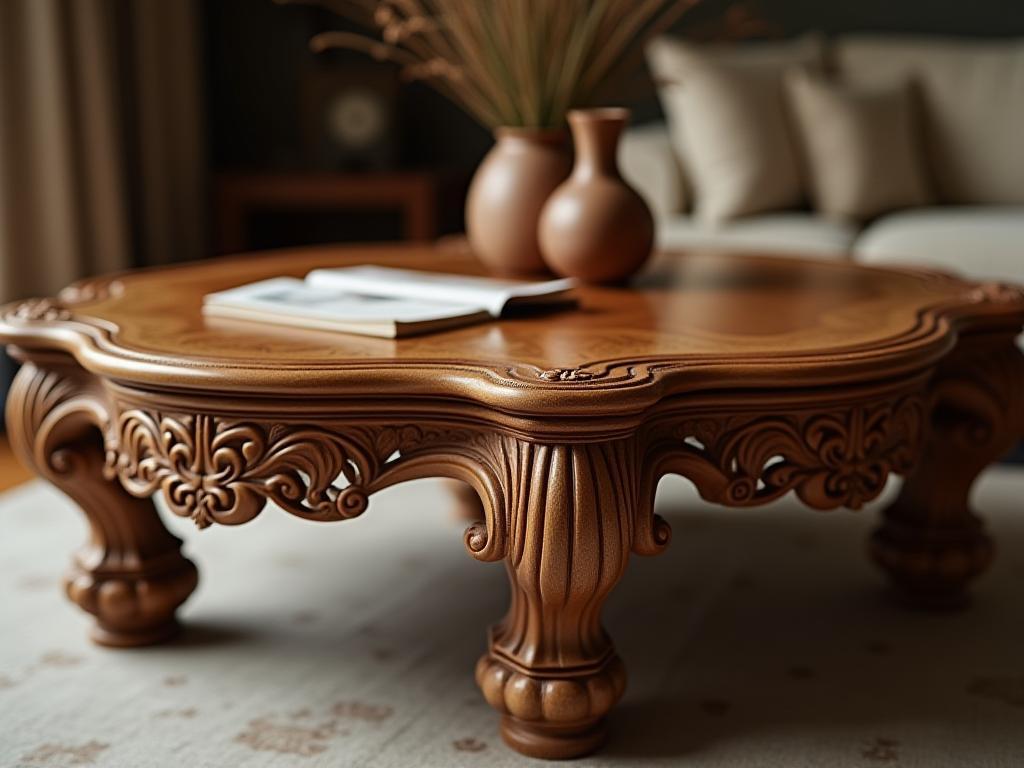 Exquisite hand-carved coffee table, featuring unique design elements and natural wood grain.